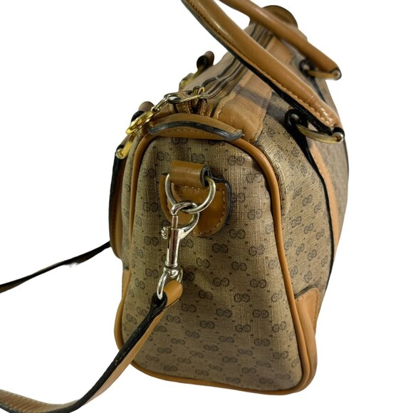 70's GUCCI Beige Canvas Tan Leather Micro GG Monogram Satchel Made in Italy - Picture 3 of 15